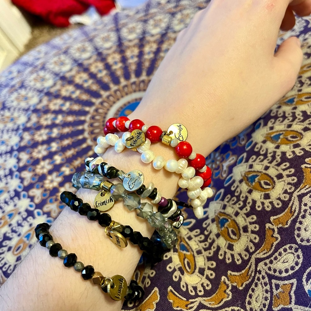 6 ERIMISH Stackable Bracelets Red Pearl Purple Onyx Black Silver Gold Beaded